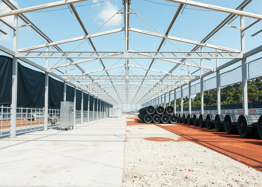 Aviário dark house em obra, com estrutura metálica, lona e ventiladores empilhados