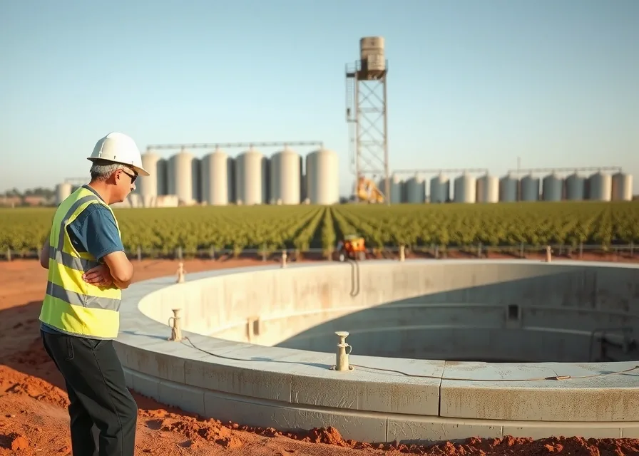 Engenheiro inspecionando base de concreto de silo novo, com silos existentes e lavoura de soja ao fundo