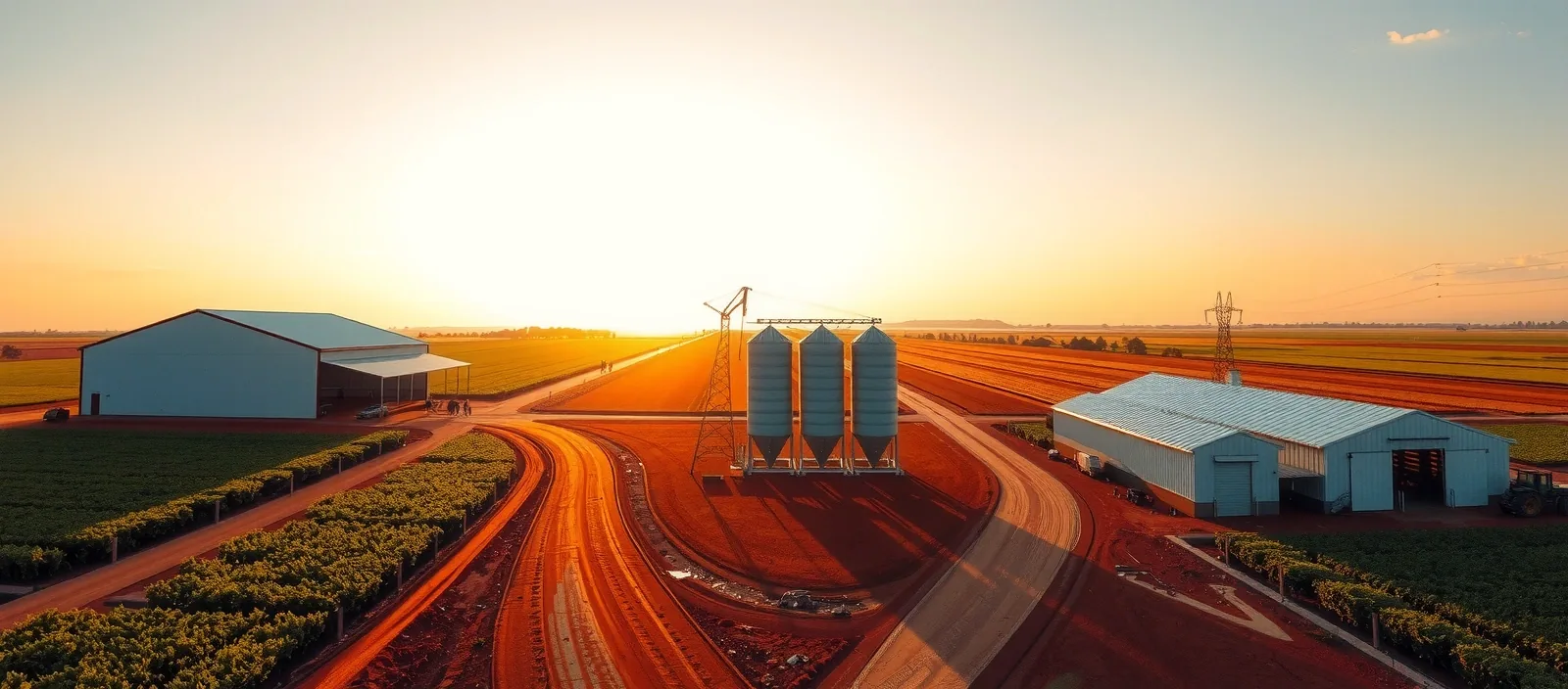 Vista aérea ao entardecer de galpão, silos e pivô em tons escuros