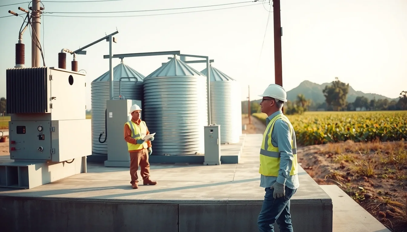 Dois técnicos com EPI inspecionando subestação rural ao lado de silos e lavoura de soja