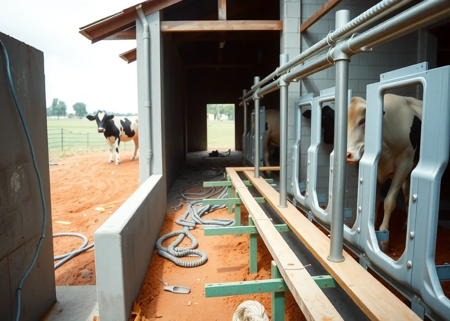 Sala de ordenha espinha de peixe em obra, com fosso de concreto, tubulação inox e vacas pela porta