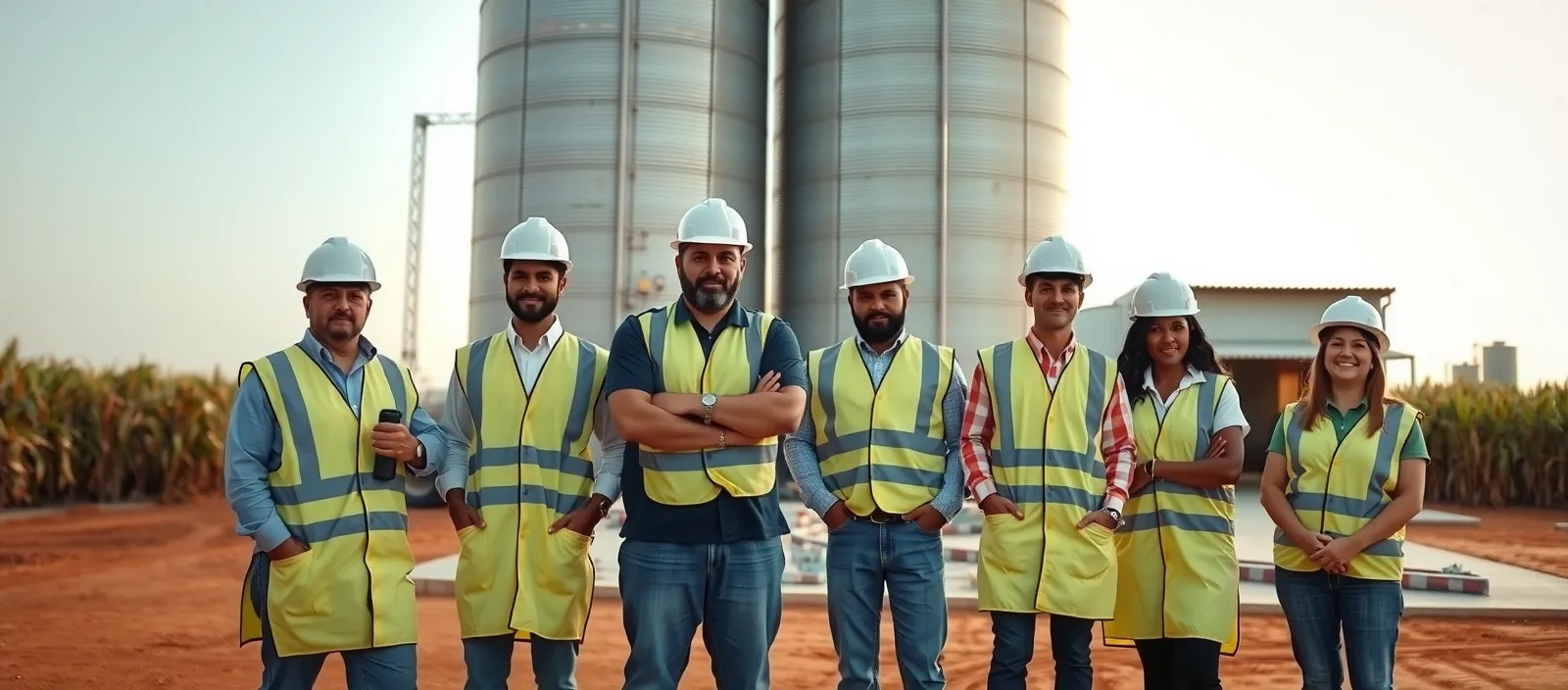 Equipe de engenharia com capacetes e coletes em frente a silo e galpão