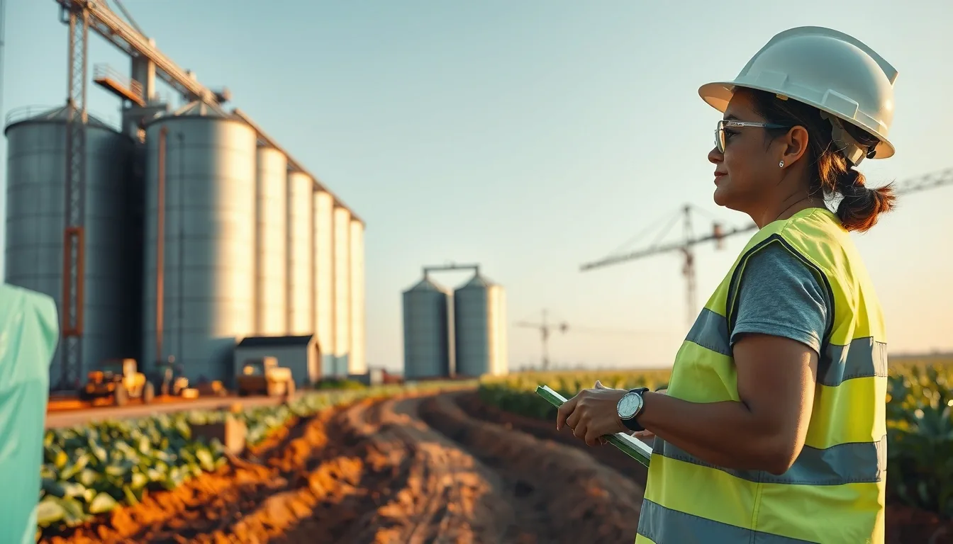 Engenheira de capacete branco e colete verde diante de silos metálicos e de um galpão em construção, com canavial ao fundo