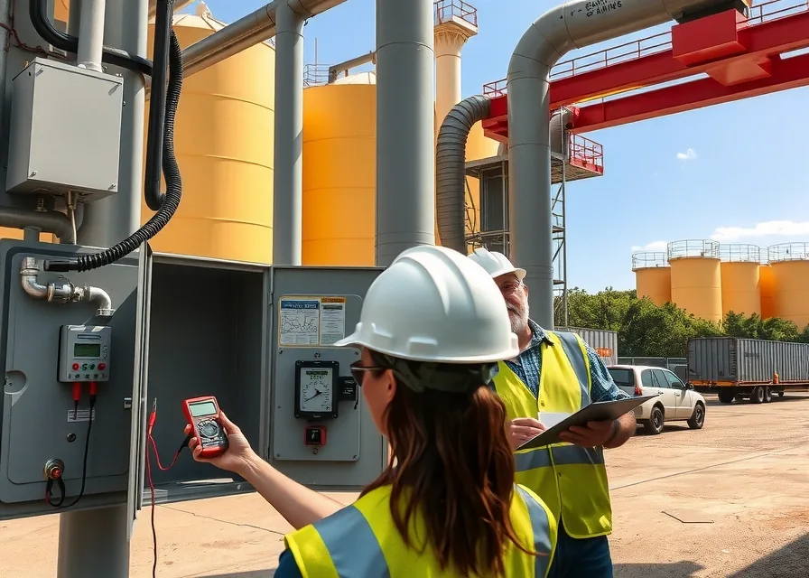 Dois técnicos fazendo loop test em painel durante comissionamento de unidade de grãos