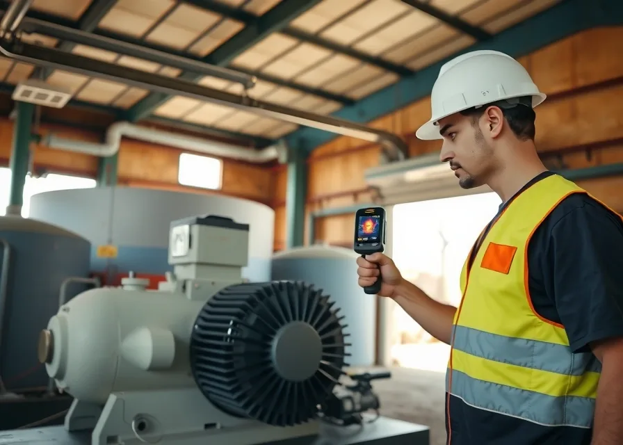 Técnico fazendo termografia em motor de secador de grãos, com silo ao fundo
