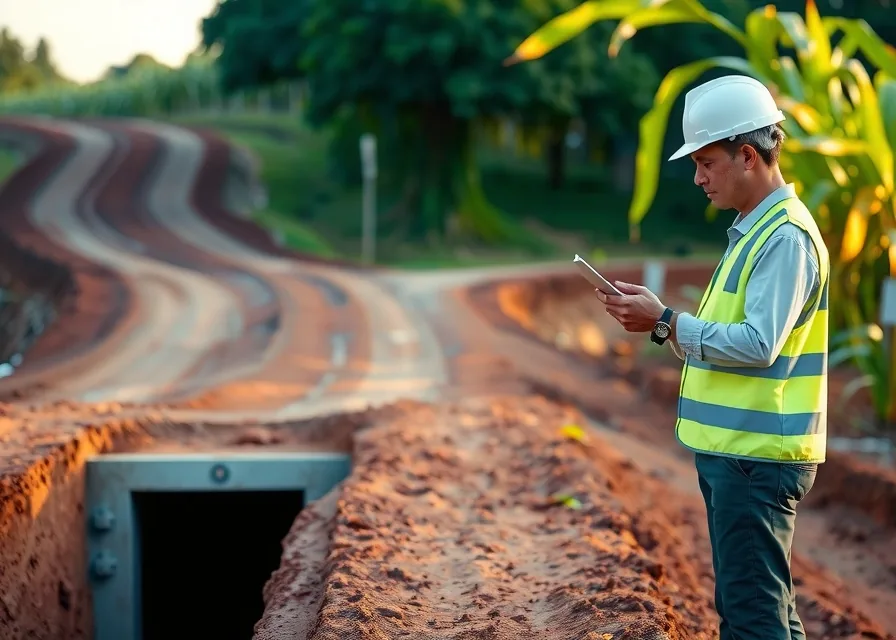 Estrada rural cascalhada com bueiro de concreto entre canavial e eucalipto, engenheiro conferindo a drenagem