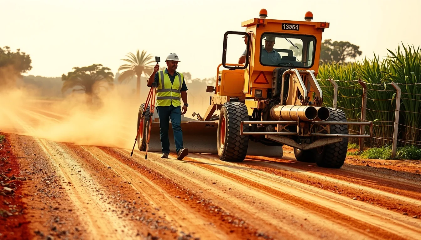 Motoniveladora abrindo estrada rural em terra vermelha, com topógrafo e canavial ao fundo