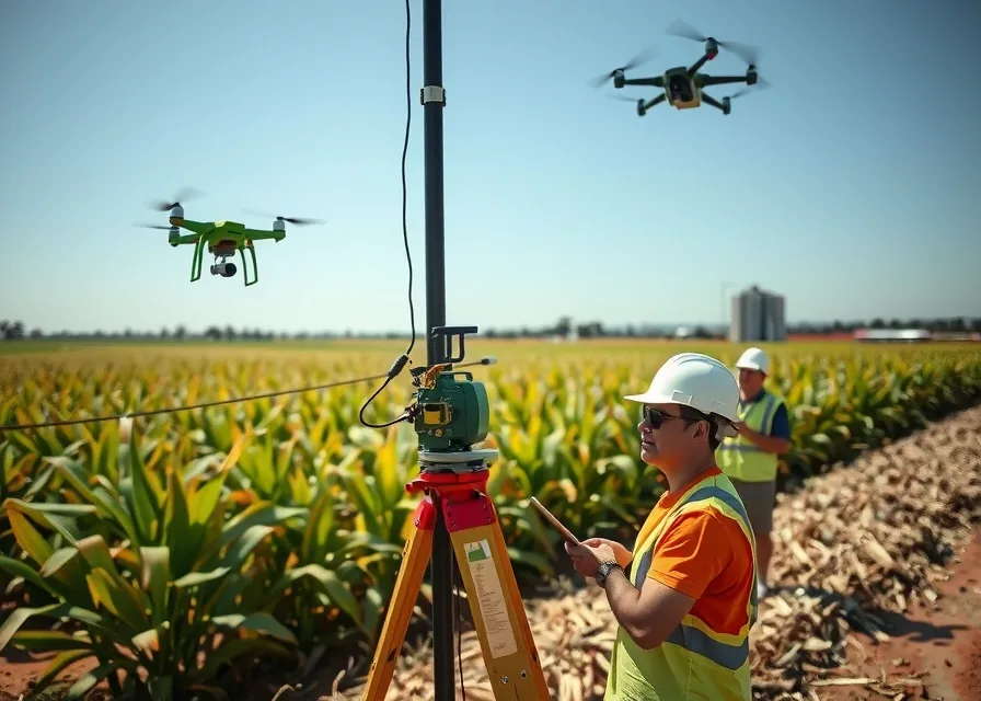Topógrafo com receptor GNSS e drone sobre talhão de cana recém-colhido, galpão e silo ao fundo