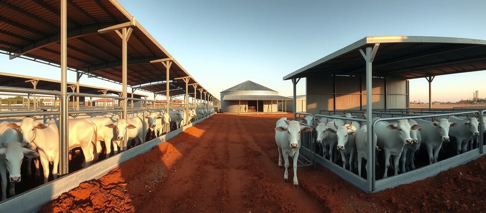 Confinamento novo com cochos de concreto, sombreamento e gado nelore, galpão e silo ao fundo
