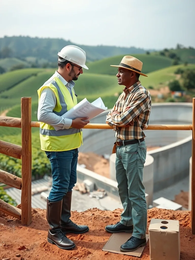 Engenheiro conversando com produtor rural ao lado de caminhonete, com cafezal e reservatório em obra