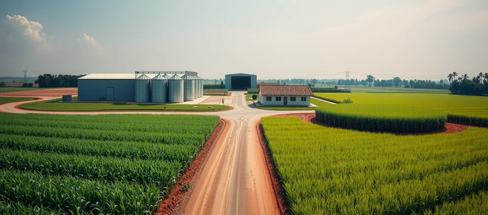 Vista aérea de fazenda com galpão, silos, casa-sede, estrada de terra e lavouras