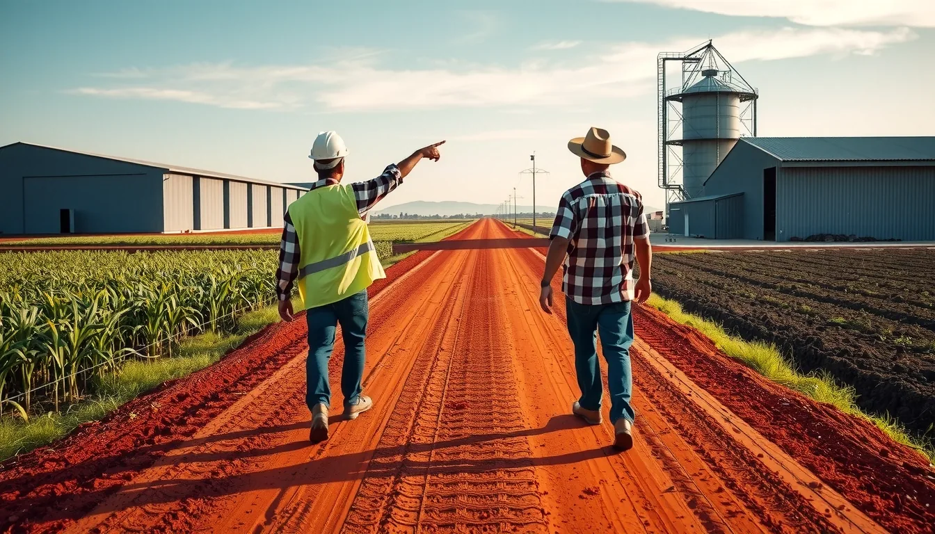 Engenheiro e produtor caminhando por carreador, com silo e galpão ao fundo