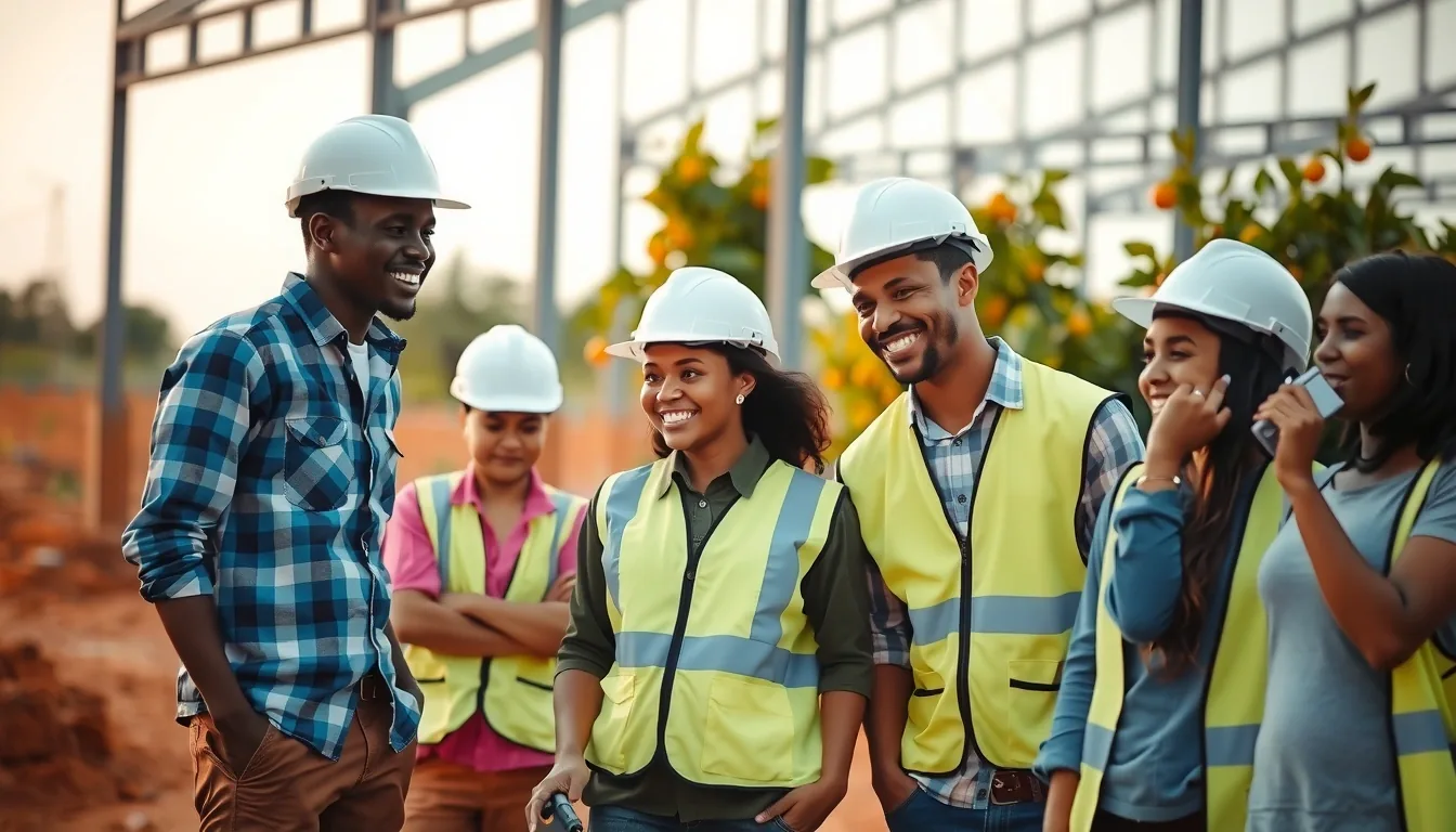 Equipe de obra descansando em frente a galpão em construção entre laranjeiras
